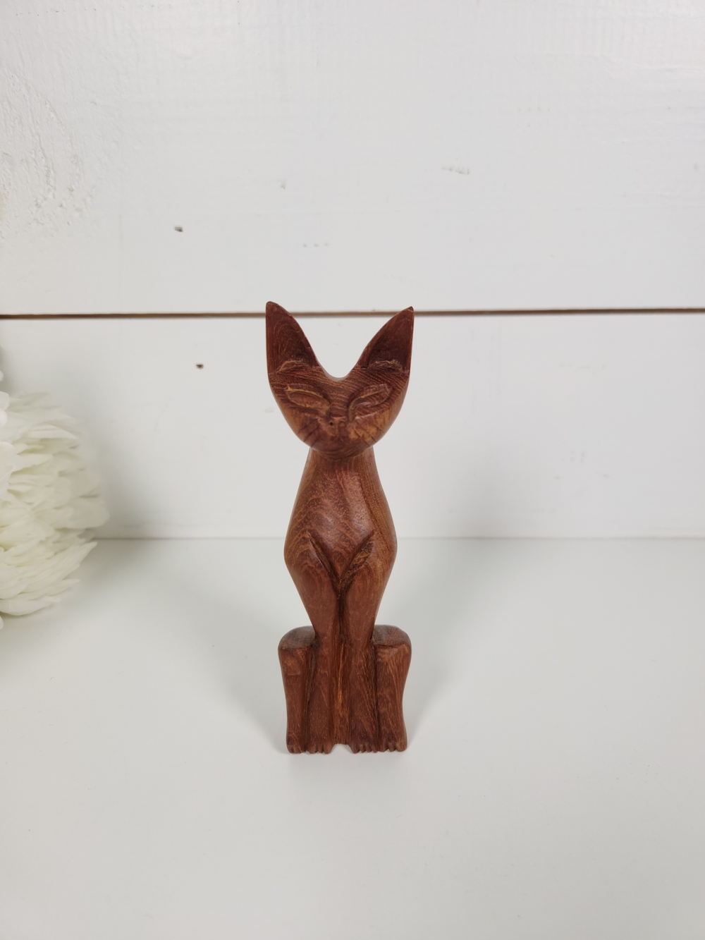 Small Vintage Hand Carved Wooden Siamese Cat Figurine 5.25" - MCM Cat